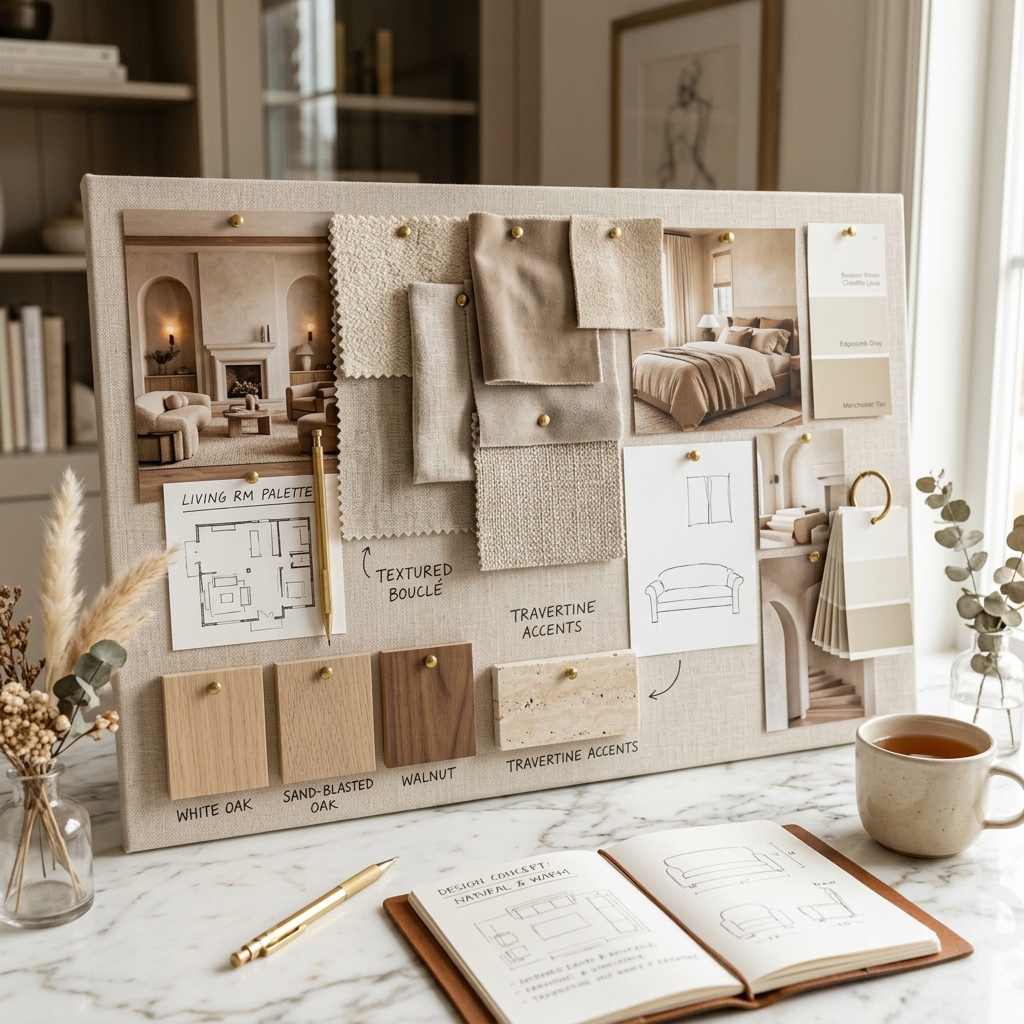 Moodboard de décoration d'intérieur avec des échantillons de matériaux