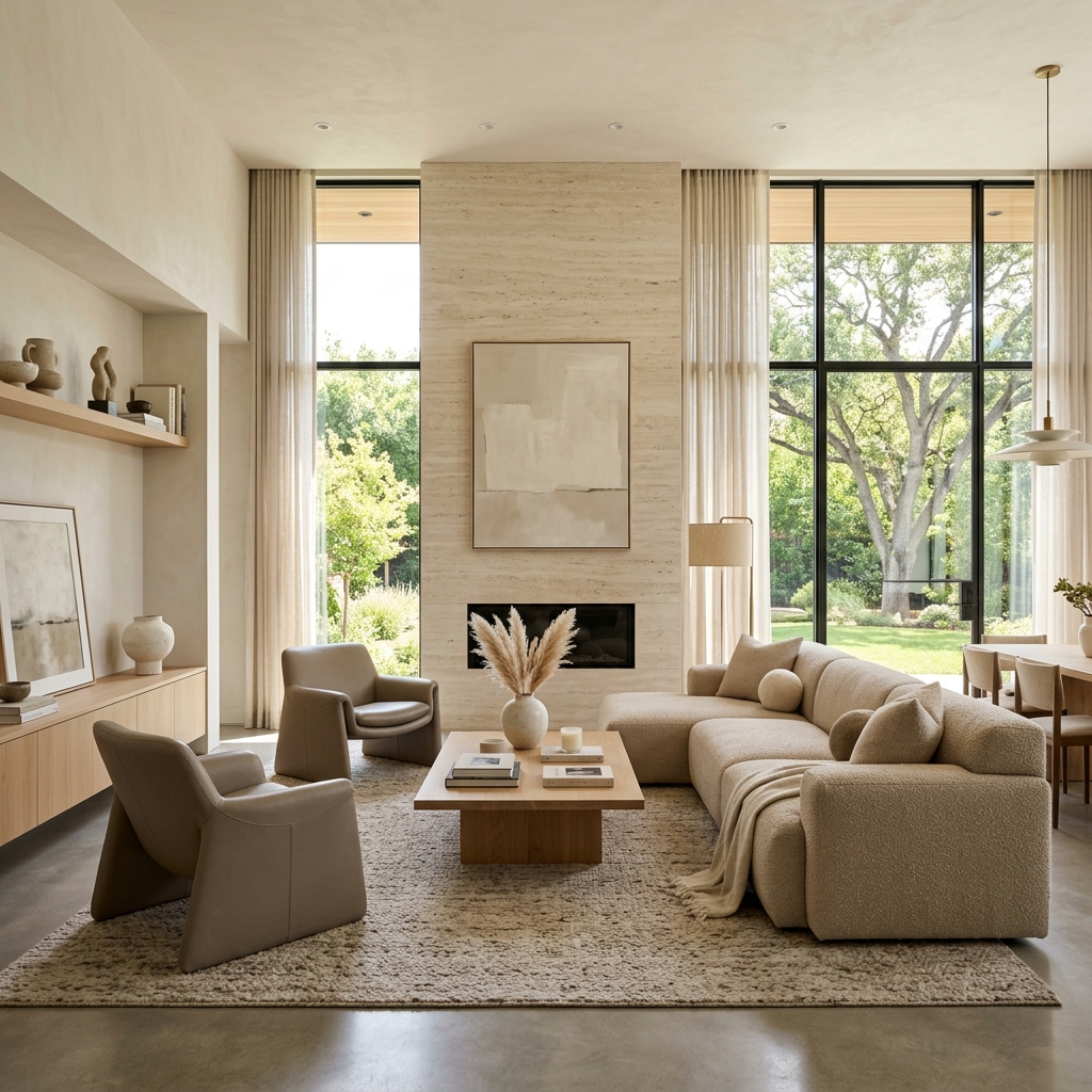 Intérieur d'un salon luxueux et lumineux aux tons beiges
